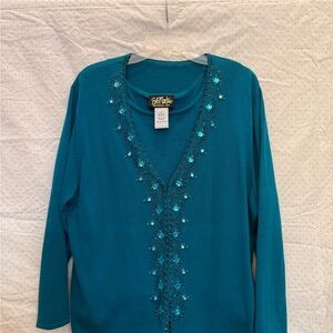 Bob Mackie Turquoise Embellished Long Sleeve Top